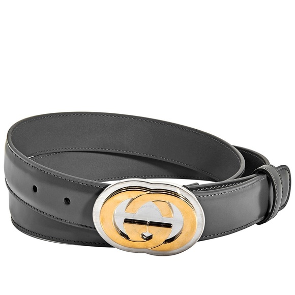 Gucci Other - Gucci Mens Interlocking silver & gold GG Buckle Dark Grey Leather Belt Size 100